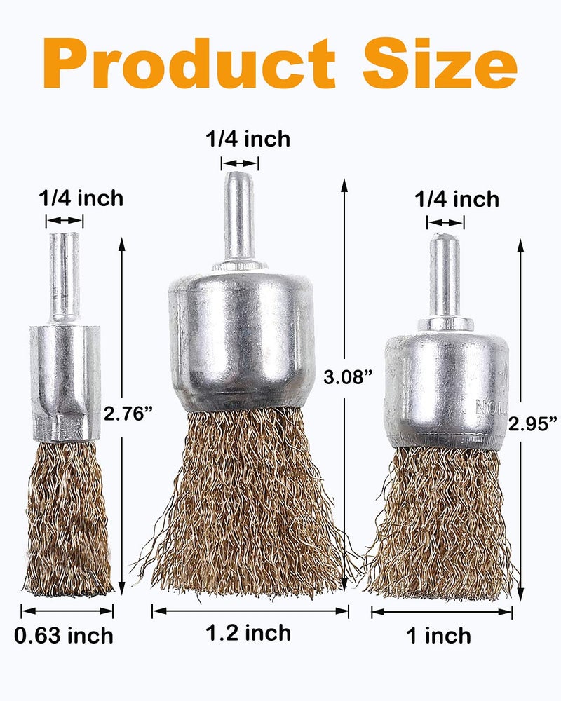 Rocaris 15 Pack Brass Coated Wire Brush Wheel & Cup Brush Set with 1/4-Inch Shank, 3 Sizes Coated Wire Drill Brush Set Perfect for Removal of Rust/Corrosion/Paint - Image 2